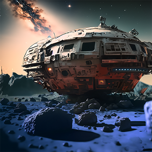 The asteroid mining vessel Daphne on the desolate surface of the asteroid Psyche.